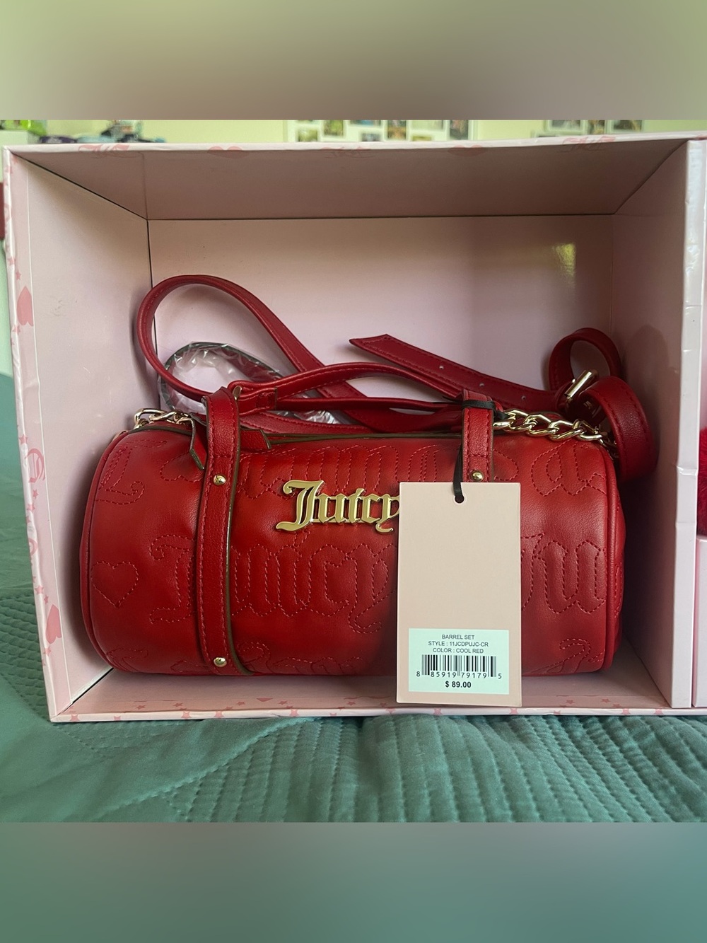 Juicy Couture Red Quilted Barrel Crossbody Bag and Keychain set-NWT